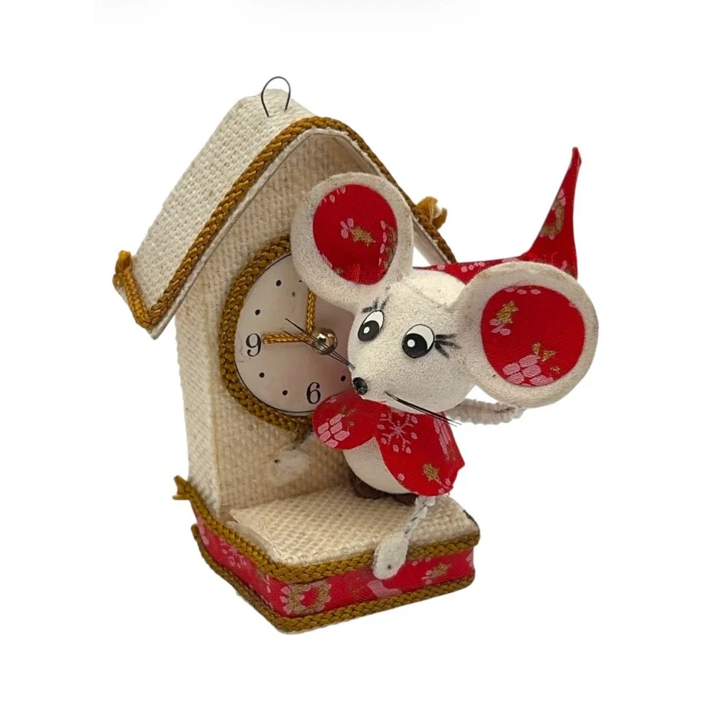 Vintage Kitschy Felt Mouse Clock Christmas Ornament Retro Holiday Decor